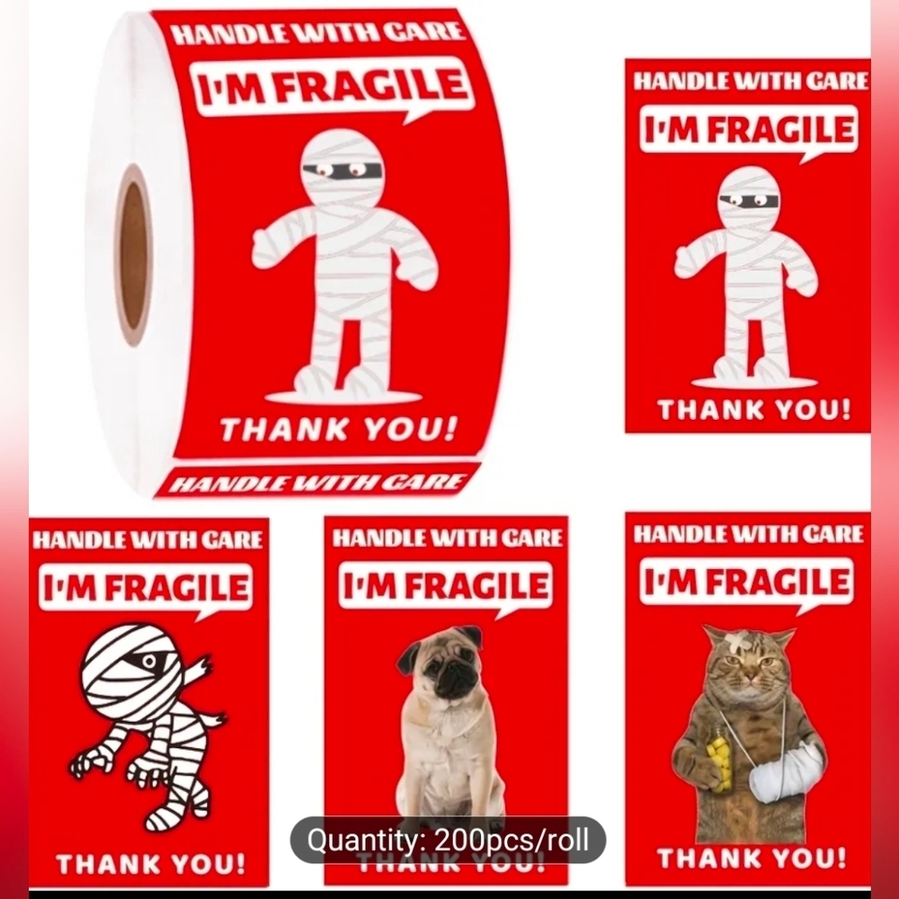 Fragile 'Handle With Care I'm Fragile' Mummy & Pet Shipping Labels - 200 Roll